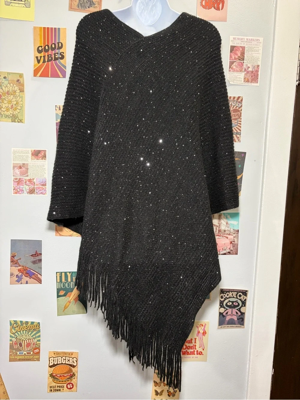 Black Rivet Black Knit Poncho with Fringe Edge